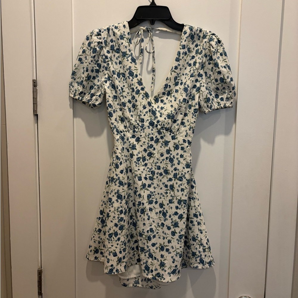 Blue and white mini dress with open back, size S
